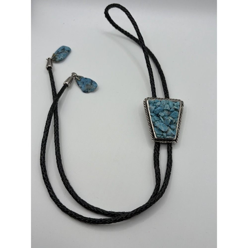 Vintage Western Turquoise Cluster Silver Tone Western Bolo Tie